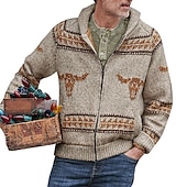 abordables suéter de la rebeca de los hombres-Hombre Pulóveres Cárdigan Tejer De Punto Abstracto Cuello Camisero Elegante Estilo retro Ropa Cotidiana Ropa Invierno Otoño Gran cantidad de suministro a largo plazo al contado Caqui S M L