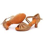 economico Scarpe per balli latini-Scarpe da ballo latino con cinturini dorati da donna – tacchi alti con suola in pelle scamosciata per salsa, ballo da sala e prove