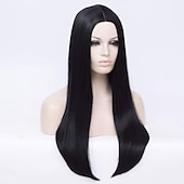 economico Parrucche da festa-parrucche per costume morticia addams la famiglia addams parrucca lunga liscia riga in mezzo parrucca sintetica costume di carnevale