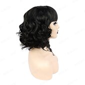 abordables Perruques de personnages de films-perruque gothique rebcass perruque synthétique cosplay cruella boucles lâches bouncy curl bob avec perruque bang soignée cheveux synthétiques noir/or pour femmes résistant à la chaleur bonnet gratuit