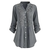 preiswerte Damen Arbeitsoberteile-Damen Hemd Spitzenhemd Tunika Hemdbluse elegant Urlaub Damen einfarbig Blumenspitze Häkel Langarm normale Oberteile Hemdkragen Party Casual Alltag Schwarz Weiß Wein Mintgrün