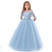 cheap Flower Girl's Dresses-Kids Girls' Flower Girl Dress Dress Half Sleeve Wedding Party Lace up Mesh Elegant Vintage Maxi Swing Dress A Line Dress Spring Fall 3-12 Years White Light Green Pink