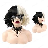 abordables Perruques de personnages de films-perruque gothique rebcass perruque synthétique cosplay cruella boucles lâches bouncy curl bob avec perruque bang soignée cheveux synthétiques noir/or pour femmes résistant à la chaleur bonnet gratuit