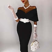 billiga Cocktailklänningar-Beach Bröllop Sheath Cocktail Klänningar Elegant Klänning Bröllopsgäst Festkläder Te Längd Ärmös Off Shoulder Stretch Stoff med Sash  Band Maskerad Klänning Klänningar