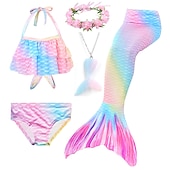 cheap Mermaid Swimsuit-Kids Girls&#039; Five Piece Mermaid Swimwear Swimwear Bikini Swimming Rainbow Cute Sexy Print Bathing Suits 3-10 Years Summer Light Blue Rose Gold