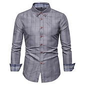 billiga Button Down-skjortor för män-Herr Skjorta Pläd / Rutig Bröllop Kontor &amp; Karriär Vit Mörkblå Grå Långärmad Nedvikt Sommar Vår Kläder Framficka