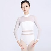 billiga Trikåer för kvinnor-andningsbar balett trikå / onesie solid skarvning tyll kvinnors träningsprestanda långärmad hög nylon mesh