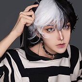 baratos Perucas Casam-perucas brancas e pretas para homens peruca curta preto branco dividido corpo peruca sintética cinto franja menino traje anime peruca RPG micro roll cabelo natural