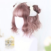 お買い得  パーティーウィッグ-合成ショートボブ カラー ロリータアニメウィッグ エアバング付き 女性用 ナチュラルフェイクヘア ブラック ブルー ロリータ コスプレウィッグ ハロウィンウィッグ
