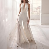 voordelige losse trouwjurken-Haal Open Rug Casual Bruiloft Jurken Jumpsuits Halter Nek Mouwloos Vloerlengte Rekbare Stof Bruidsjurken Met  Effen Kleur