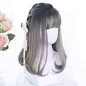 お買い得  パーティーウィッグ-合成ショートボブ カラー ロリータアニメウィッグ エアバング付き 女性用 ナチュラルフェイクヘア ブラック ブルー ロリータ コスプレウィッグ ハロウィンウィッグ