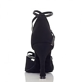 halpa Lattarikengät-naisten mustat satiinikorkokengät pehmeällä mokkanahkapohjalla – tyylikäs avokärkimuotoilu nilkkahihnalla latina- ja juhlatanssiin