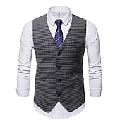 cheap Men&#039;s Vest-Men&#039;s Vest Waistcoat Wedding Daily Streetwear Business Fall Winter Print Polyester Breathable Houndstooth Single Breasted Turndown Regular Fit Black Coffee Vest