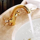 cheap Classical-Antique Brass Bathroom Sink Faucet,Centerset  Two Handles One Hole Bath Taps with Hot and Cold Switch and Ceramic Valve