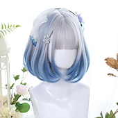 お買い得  パーティーウィッグ-合成ショートボブ カラー ロリータアニメウィッグ エアバング付き 女性用 ナチュラルフェイクヘア ブラック ブルー ロリータ コスプレウィッグ ハロウィンウィッグ