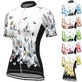 お買い得  ウィメンズジャージ-女性用 サイクリングジャージー バタフライ 花 植物 フラワー 半袖 バイク ジャージー トップス 3つのリアポケット付き マウンテンサイクリング ロードバイク 速乾性 ソフト 反射性ストリップ 後ポケット スポーツ ホワイト レッド ブルー 衣類
