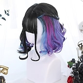 お買い得  パーティーウィッグ-合成ショートボブ カラー ロリータアニメウィッグ エアバング付き 女性用 ナチュラルフェイクヘア ブラック ブルー ロリータ コスプレウィッグ ハロウィンウィッグ