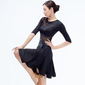 cheap Latin Dancewear-Latin Dance Dress Hollow-out Pure Color Splicing Women&#039;s Performance Training Half Sleeve High Nylon