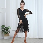 cheap Practice Dresses-Latin Dance Dress Fringed Tassel Pure Color Splicing Women's Training Performance Long Sleeve High Polyester Women's Daily Dress