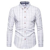 billiga Button Down-skjortor för män-Herr Skjorta Pläd / Rutig Bröllop Kontor &amp; Karriär Vit Mörkblå Grå Långärmad Nedvikt Sommar Vår Kläder Framficka