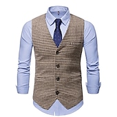 cheap Men&#039;s Vest-Men&#039;s Vest Waistcoat Wedding Daily Streetwear Business Fall Winter Print Polyester Breathable Houndstooth Single Breasted Turndown Regular Fit Black Coffee Vest