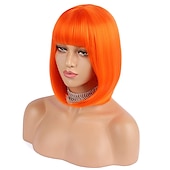 voordelige Synthetische trendy pruiken-korte bob haar pruiken 12 recht met platte pony synthetische kleurrijke cosplay dagelijkse feestpruik voor vrouwen natuurlijk als echt haar