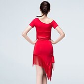 economico Abiti da Pratica-Abito da ballo latino per sala da ballo con nappe con frange, giunzione solida, prestazioni di allenamento da donna, manica corta, nylon alto