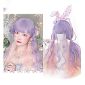 tanie Peruki imprezowe-Długa Ombre Kolorowa Syntetyczna Peruka Cosplay Lolita Harajuku z Grzywką Naturalne Fale Różowa Fioletowa Niebieska Codzienna Peruka Halloween