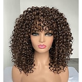 cheap Black &amp; African Wigs-Brown Wigs for Women Afro Curly Wigs with Bangs for Black Women Kinky Curly Wig for Daily Wear (Color : Brown)