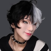 baratos Perucas Casam-perucas brancas e pretas para homens peruca curta preto branco dividido corpo peruca sintética cinto franja menino traje anime peruca RPG micro roll cabelo natural