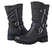 preiswerte Vintage Stiefel-Rote Vintage-Kunstlederstiefel für Damen – stilvolles kniehohes Design mit doppelten Schnallenriemen, seitlichem Reißverschluss und bequemer Sohle – perfekt für Herbstmode und Freizeitausflüge