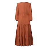 baratos Vestidos Florais-Mulheres Vestido Swing Vestido Longo Vestido Maxi Verde Escuro Marron Preto Manga Longa Cor imaculada Franzido Pregueado Patchwork Outono Primavera Decote V Boho Casual Vestido de outono Manga