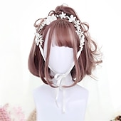 お買い得  パーティーウィッグ-合成ショートボブ カラー ロリータアニメウィッグ エアバング付き 女性用 ナチュラルフェイクヘア ブラック ブルー ロリータ コスプレウィッグ ハロウィンウィッグ