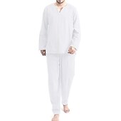 cheap Men&#039;s Pajamas-Men&#039;s Pajamas Sleepwear Pajama Top and Pant 2 Pieces Pure Color Casual Home Daily Cotton Blend Breathable Crew Neck Long Sleeve Pant Summer Spring White khaki