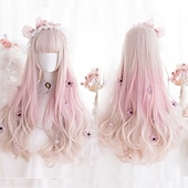 tanie Peruki imprezowe-Długa Ombre Kolorowa Syntetyczna Peruka Cosplay Lolita Harajuku z Grzywką Naturalne Fale Różowa Fioletowa Niebieska Codzienna Peruka Halloween