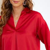 preiswerte Elegante Oberteile-Damen Bluse Weiß Rote Leicht Braun Glatt Langarm Arbeit Wochenende Strassenmode Hemdkragen Standard Seide wie Satin S