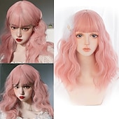 baratos Perucas de festa-Peruca Curta de Onda Natural resistente ao calor Cabelo sintético peruca bob Lolita adolescente com franja Cabelo de Cosplay peruca completa feminina Perucas de Halloween