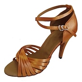 billige Sko til latindans-latinske dansesko i lilla sateng – ballsalhæler med stropper med åpen tå og ankelstropp for salsa, tango og ytelse