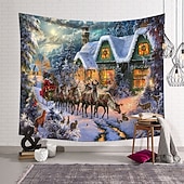 baratos tapeçaria de paisagem-tapeçaria de parede inverno país das maravilhas rena arte decoração fotografia fundo pendurado quarto sala estar decoração árvore floco de neve vela presente lareira