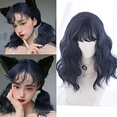 baratos Perucas de festa-Peruca Curta de Onda Natural resistente ao calor Cabelo sintético peruca bob Lolita adolescente com franja Cabelo de Cosplay peruca completa feminina Perucas de Halloween