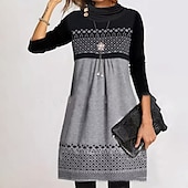 billige Strikke kjoler-kvinners fritidskjole midikjole blå rosa grå langermet geometrisk trykk print vinter høst turtleneck basic casual høstkjole 2023 s m l xl xxl 3xl 4xl 5xl