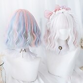 baratos Perucas de festa-Peruca Curta de Onda Natural resistente ao calor Cabelo sintético peruca bob Lolita adolescente com franja Cabelo de Cosplay peruca completa feminina Perucas de Halloween