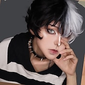 baratos Perucas Casam-perucas brancas e pretas para homens peruca curta preto branco dividido corpo peruca sintética cinto franja menino traje anime peruca RPG micro roll cabelo natural