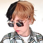 baratos Perucas Casam-perucas brancas e pretas para homens peruca curta preto branco dividido corpo peruca sintética cinto franja menino traje anime peruca RPG micro roll cabelo natural