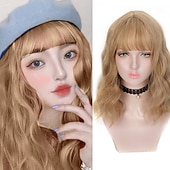 baratos Perucas de festa-Peruca Curta de Onda Natural resistente ao calor Cabelo sintético peruca bob Lolita adolescente com franja Cabelo de Cosplay peruca completa feminina Perucas de Halloween