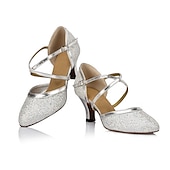 voordelige Ballroomschoenen &amp; moderne dansschoenen-zilveren glitter dansschoenen met kruisband en gesp detail – comfortabele ballroom en latin dans hakken voor vrouwen