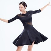 cheap Latin Dancewear-Latin Dance Dress Hollow-out Pure Color Splicing Women&#039;s Performance Training Half Sleeve High Nylon
