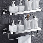 economico Mensole per il bagno-doccia caddy moderno bagno multifunzionale rack di stoccaggio con portasciugamani in acciaio inox ispessito portasciugamani bagno in vetro temperato cosmetici forniture per il bagno rack di stoccaggio
