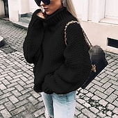 abordables Pulls et hauts-Femme Pull basique Décontractées Couleur unie Grosse maille Crocheté Col Roulé Tricoté manche longue Tricoter du quotidien Sortie Bleu Ciel Noir Automne Hiver
