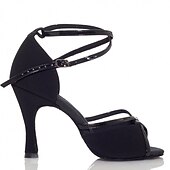 halpa Lattarikengät-naisten mustat satiinikorkokengät pehmeällä mokkanahkapohjalla – tyylikäs avokärkimuotoilu nilkkahihnalla latina- ja juhlatanssiin